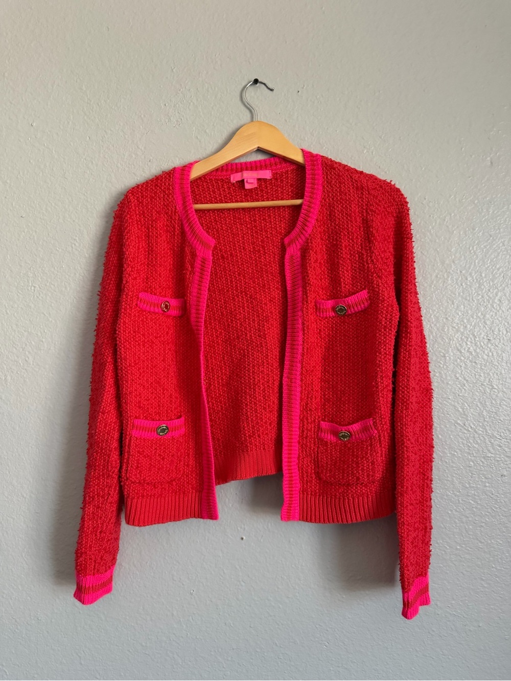 Lilly Pulitzer Nalayna Cardigan S Ruby Red Pink Tweed Cotton Gold Buttons